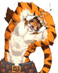  2020 abs absurd_res anthro armpit_hair belt biceps body_hair bottomwear captainjohkid clothing felid fur hi_res male mammal muscular muscular_anthro muscular_male pantherine pants pecs simple_background solo stripes tiger 