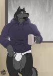  anthro beverage briefs bulge canid canine canis clothing coffee coffee_mug drawyourfursona hi_res hoodie hoodie_meme male mammal meme meme_clothing muscular muscular_anthro muscular_male shade_the_wolf solo standing topwear underwear white_clothing white_underwear wolf 