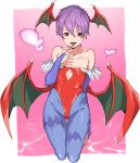  1girl :d absurdres animal_print bare_shoulders bat_print blue_legwear bridal_gauntlets collarbone covered_navel cropped_legs demon_girl demon_wings fang fingernails flat_chest green_wings head_wings heart highleg highleg_leotard highres leotard lilith_aensland midriff midriff_cutout open_mouth pantyhose pink_eyes pretty-purin720 purple_hair red_leotard short_hair skin_fang smile solo thigh_gap tongue tongue_out vampire_(game) wings 