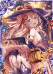  1girl akkijin alchemist_(shinkai_no_valkyrie) armpits ass back balloon bare_shoulders bat_wings blue_eyes bottle breasts brown_hair candy card_(medium) demon_tail elbow_gloves food full_moon garters gloves hair_ornament halloween halloween_costume hat hat_ribbon jack-o&#039;-lantern looking_at_viewer medium_breasts medium_hair moon night night_sky official_art open_mouth orange_ribbon pumpkin purple_gloves ribbon shinkai_no_valkyrie sky spider_web_print tail thighhighs thong twintails wings witch witch_hat 