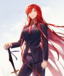 black_suit business_suit fate/grand_order fate_(series) formal hair_over_one_eye highres jacket long_hair looking_at_viewer necktie oda_nobunaga_(fate) oda_nobunaga_(fate)_(all) oda_nobunaga_(maou_avenger)_(fate) pant_suit red_eyes red_hair shiobana smile solo suit sword weapon 