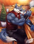  2020 age_difference anthro biceps canid canine canis child clothed clothing digital_media_(artwork) fur group hair hi_res larger_male male mammal multicolored_body muscular muscular_anthro muscular_male simple_background size_difference smaller_male tiger_est wolf wristband young younger_male 