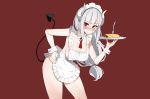  apron blush breasts cake cleavage demon dickbomber food gray_hair headdress helltaker horns long_hair lucifer_(helltaker) maid naked_apron red red_eyes sideboob tail wristwear 