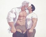  2boys abs bara bare_chest beard black_hair boxers brown_pants bulge chest chest_hair couple facial_hair height_difference kiss male_focus manly multiple_boys muscle navel nipples open_clothes open_shirt original pants shirt short_hair silverjow thick_thighs thighs underwear undressing white_background white_hair white_shirt yaoi 