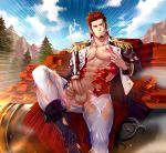  1boy abs bar_censor bara blue_eyes boots brown_hair cape censored chest chest_scar chrisanother cum ejaculation epaulettes erection facial_hair fate/grand_order fate_(series) feet_out_of_frame goatee huge_weapon jacket_pull leaning_back long_sleeves male_focus male_masturbation masturbation military military_uniform mosaic_censoring muscle napoleon_bonaparte_(fate/grand_order) nipples one_eye_closed open_clothes pants penis red_cape scar shirt shirt_pull short_hair sideburns smile solo tight torn_clothes torn_pants torn_shirt uniform weapon 