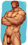 1boy abs absurdres bar_censor bara bare_chest beard censored chest completely_nude cowboy_shot crossed_arms facial_hair fate/grand_order fate/zero fate_(series) flaccid highres iskandar_(fate) male_focus male_pubic_hair muscle navel nipples nude penis ponkotsu_(pixiv11249778) pubic_hair red_eyes red_hair short_hair simple_background solo testicles thick_thighs thighs veins veiny_penis 