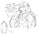  2020 anthro bodily_fluids bottle canid canine canis dialogue domestic_dog drinking english_text holding_object male mammal marvolk monochrome sketch solo sweat text towel 