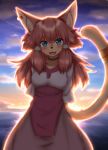  2020 accessory anthro backlighting black_nose blue_eyes blush breasts brown_body brown_fur brown_hair choker clothed clothing cloud cute_fangs domestic_cat dress ear_piercing felid feline felis female fur furgonomics gundam gundam_build_divers_re:rise hair hair_accessory hands_behind_back happy hi_res horokusa0519 inner_ear_fluff jewelry kemono light lighting long_hair looking_at_viewer maiya_(gundam_build_divers_re:rise) mammal necklace piercing pupils sea sky slit_pupils small_breasts smile solo tail_accessory tuft water white_body white_fur 