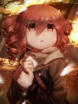  1girl belt brown_jacket brown_scarf commentary drill_hair hands_up holding holding_own_arm holding_paper jacket kasane_teto looking_up monosenbei open_mouth paper red_eyes red_hair scarf short_hair solo twin_drills upper_body utau 