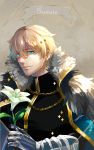  1boy armor binzoko blonde_hair blue_eyes cape character_name english_text fate/extra fate/grand_order fate_(series) flower fur-trimmed_cape fur_trim gauntlets gawain_(fate/extra) light_smile looking_at_viewer male_focus short_hair upper_body white_flower 