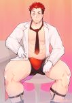  1boy abs bara bare_chest between_pecs blue_eyes bulge chest coat facial_scar feet_out_of_frame gloves highres labcoat live_a_hero looking_at_viewer male_focus muscle navel necktie nipples open_clothes open_coat rakta_(live_a_hero) scar short_hair shorts simple_background thick_thighs thighs white_gloves yuufreak 