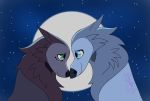  &lt;3 2020 angelarts blue_eyes brown_body brown_fur canid canine canis cartoon_saloon duo female female/female feral freckles full_moon fur green_eyes grey_body grey_fur hi_res mammal mebh_og_mactire moon night robyn_goodfellowe signature star wolf wolfwalkers 