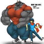  1:1 2020 anthro big_bulge big_muscles bottomwear brenden_(heartssoul) bulge canid canine canis clothing duo english_text eyewear footwear glasses hand_on_hip hat headgear headwear hi_res huge_bulge huge_muscles huge_pecs human hyper hyper_bulge hyper_muscles jay_(heartssoul) looking_at_another male mammal marvolk muscular pants plantigrade scarf shirt shoes simple_background size_difference smile standing text topwear white_background wolf 