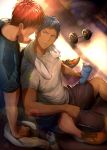  2boys aomine_daiki arm_support between_legs black_shorts blue_eyes blue_hair blue_shirt bottle closed_mouth commentary_request dumbbell from_above highres kagami_taiga kuroko_no_basuke looking_at_another looking_to_the_side multiple_boys nike orange_footwear red_hair shirt shoes short_hair shorts sitting sneakers towel towel_around_neck water_bottle white_towel yaoi zawar379 