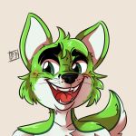  1:1 anthro black_nose blush bonybones canid canine digital_media_(artwork) eyebrows fidget_the_fox fox fur green_body green_eyes green_fur headshot_portrait lgbt_pride looking_at_viewer male mammal portrait pride_colors rainbow rainbow_background shading_eyes signature simple_background smile solo teeth teeth_showing tongue tongue_out whiskers white_body white_fur 