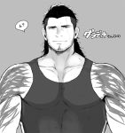 1boy bara bare_shoulders black_hair black_tank_top chest facial_hair facial_scar final_fantasy final_fantasy_xv gladiolus_amicitia greyscale long_hair looking_at_viewer male_focus manly monochrome muscle nabana_(bnnbnn) scar shoulder_tattoo solo stubble tank_top tattoo translation_request 