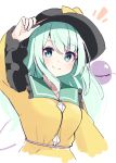  1girl alternate_hair_length alternate_hairstyle aqua_eyes bangs blush breasts closed_mouth commentary_request cropped_torso eyeball eyebrows_visible_through_hair frilled_shirt_collar frills hand_on_headwear hat hat_ribbon komeiji_koishi light_green_hair long_hair long_sleeves looking_at_viewer medium_breasts notice_lines ominaeshi_(takenoko) ribbon shirt simple_background smile solo third_eye touhou upper_body white_background wide_sleeves yellow_ribbon yellow_shirt 