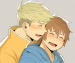  2boys blonde_hair blue_hoodie blush brown_hair character_request closed_eyes couple cropped_shoulders face-to-face granblue_fantasy hug hug_from_behind laughing male_focus multiple_boys nabana_(bnnbnn) open_mouth shirt short_hair upper_body vane_(granblue_fantasy) yaoi yellow_shirt 