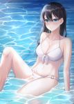  1girl absurdres arm_support arms_at_sides bangs bare_arms bare_legs bare_shoulders bikini black_hair blue_eyes blush breasts caustics cleavage closed_mouth collarbone commentary embarrassed ffflilil groin hair_between_eyes halterneck highres knee_up large_breasts leaning_back long_hair looking_at_viewer midriff navel o-ring o-ring_bikini original shiny shiny_skin sitting solo swimsuit water wavy_mouth wet white_bikini 
