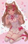  1girl :3 :d animal_ears bangs bare_arms bow brown_hair cat_ears cat_girl cat_tail cherry_print commentary_request dress eyebrows_visible_through_hair eyelashes fang fingernails flats food_print full_body hair_bow hands_up highres lace-trimmed_legwear lace_trim looking_at_viewer maomao_(marblecreators) marblecreators miyako_(xxxbibit) nail_polish neck_ribbon open_mouth paw_pose pink_background pink_bow pink_eyes pink_footwear pink_nails pink_ribbon pink_theme print_dress ribbon shiny shiny_hair shoes short_dress simple_background sitting sleeveless sleeveless_dress smile solo swept_bangs tail thigh_strap thighhighs two-tone_background virtual_youtuber wavy_hair white_background white_dress white_legwear 