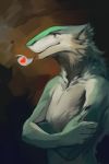  &lt;3 2015 5_fingers abstract_background anthro biped black_claws claws countershade_face countershade_torso countershading crossed_arms digital_media_(artwork) finger_claws fingers fur green_body green_eyes green_fur hi_res male multicolored_body multicolored_fur nude pictographics sergal solo standing two_tone_body two_tone_fur white_body white_countershading white_fur whiteleonard 
