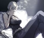  1girl bangs bare_shoulders bed black_tank_top breasts chainsaw_man cigarette cleavage crossed_legs eyepatch grey_pants highres koshika_rina large_breasts pants pillow silver_hair smoke smoking tank_top 