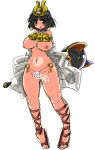  1girl ancient_princess_menace arms_behind_back bangs bare_shoulders black_hair blue_eyes blunt_bangs blush blush_stickers breasts brown_footwear commentary_request crown earrings egyptian_clothes groin headgear hirowa_nagi jewelry large_breasts looking_at_viewer menace muscle muscular_female navel nipples o-ring o-ring_bottom open_mouth panties pelvic_curtain queen&#039;s_blade revealing_clothes ring sandals scepter setra shawl short_hair smile solo standing striped striped_panties tan underwear 
