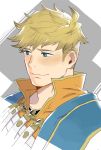  1boy blonde_hair blue_eyes blush close-up collar cropped_shoulders face granblue_fantasy light_smile looking_away male_focus nabana_(bnnbnn) portrait short_hair simple_background solo vane_(granblue_fantasy) 