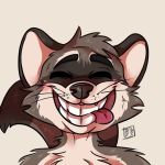  1:1 anthro black_nose bonybones canid canine digital_media_(artwork) ears_up eyebrows eyes_closed fur grey_body grey_fur headshot_portrait male mammal portrait procyonid raccoon signature simple_background sly_the_raccoon smile solo teeth teeth_showing tongue tongue_out whiskers white_body white_fur 
