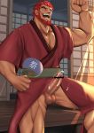  1boy architecture bar_censor bara beard censored chest cum east_asian_architecture ejaculation erection facial_hair fan fate/grand_order fate/zero fate_(series) feet_out_of_frame flexing highres iskandar_(fate) japanese_clothes kimono male_focus male_pubic_hair muscle oirusupu open_clothes open_kimono open_mouth paper_fan penis pose pubic_hair red_eyes red_hair red_kimono short_hair solo testicles thick_eyebrows thick_thighs thighs wooden_floor 