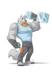  2019 anthro biceps bottomwear breeze_in_the_clouds canid canine canis clothed clothing digital_media_(artwork) exercise frost_(breeze_in_the_clouds) fur furrybob hi_res male mammal muscular muscular_anthro muscular_male pants shirt simple_background solo topwear wolf workout 