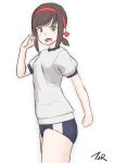  1girl alternate_costume artist_name black_hair blue_buruma buruma cowboy_shot fubuki_(kantai_collection) green_eyes gym_uniform headband highres kantai_collection long_hair low_ponytail ponytail red_headband shirt short_ponytail sidelocks simple_background smile solo t-shirt t2r white_background white_shirt 