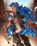  1boy 1girl :d architecture arm_tattoo bare_shoulders blue_eyes blue_hair bridge brown_pants closed_mouth east_asian_architecture fang highres horns long_hair looking_at_viewer open_mouth original pants railing shichigatsu shoes single_horn smile standing tamaki_(shichigatsu) tattoo yahiro_(shichigatsu) 