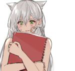  1girl animal_ears aogisa book book_hug eyebrows_visible_through_hair girls_frontline green_eyes highres holding holding_book holding_notebook ksvk_(girls_frontline) long_hair looking_at_viewer notebook open_mouth patch silver_hair solo white_background 