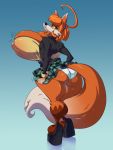  3:4 anthro big_breasts bottomwear breasts canid canine cleavage clothed clothing female fox hi_res huge_breasts looking_back mammal nipple_outline panties skirt solo spiralingstaircase underwear 