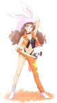  1girl amanogawa_kirara animal_ears armpits asymmetrical_legwear bangs belt black_bow black_panties blunt_bangs bow breasts brown_eyes brown_hair bunny_ears cleavage collarbone fake_animal_ears fishnet_legwear fishnets full_body gloves go!_princess_precure grin head_tilt high_heels highleg highleg_panties highres long_hair looking_at_viewer medium_breasts midriff navel orange_gloves orange_pants panties pants precure print_pants simple_background smile solo standing star_(symbol) star_print stomach tuqi_pix underwear v-shaped_eyebrows very_long_hair white_background white_belt white_footwear 