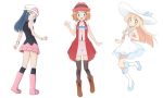  3girls black_legwear blush boots bracelet brown_footwear clenched_hands commentary_request dawn_(pokemon) dress hair_ornament hairclip hand_up hat highres jewelry kouzuki_(reshika213) light_brown_hair lillie_(pokemon) long_hair looking_at_viewer multiple_girls open_mouth over-kneehighs pink_footwear pokemon pokemon_(anime) pokemon_dppt_(anime) pokemon_sm_(anime) pokemon_xy_(anime) serena_(pokemon) shoes smile socks thighhighs waving white_background white_dress white_headwear 