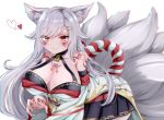  1girl all_fours animal_ears bangs bare_shoulders body_markings breasts chisya_syuri choker cleavage collarbone detached_sleeves eyebrows_visible_through_hair facial_mark fang fox_ears fox_tail grey_hair hair_ornament hairclip hand_up highres indie_virtual_youtuber japanese_clothes kairi630 kimono large_breasts long_hair long_sleeves looking_at_viewer multiple_tails nontraditional_miko rope shimenawa skin_fang skirt solo tail virtual_youtuber wide_sleeves 