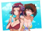  2girls :d bikini border breasts brown_eyes brown_hair cleavage closed_mouth collarbone cup drinking drinking_straw flower frilled_bikini frills front-tie_bikini front-tie_top hair_flower hair_ornament hairpin hand_on_another&#039;s_shoulder holding holding_cup izayoi_aki jewelry mazaki_anzu medium_breasts medium_hair multiple_girls nail_polish open_mouth pendant pink_nails purple_flower raijin-bh red_bikini red_hair shiny shiny_hair shiny_skin short_hair_with_long_locks sidelocks smile swimsuit white_border yellow_bikini yellow_nails yu-gi-oh! yu-gi-oh!_5d&#039;s yu-gi-oh!_duel_monsters 