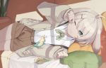  1girl 3; animal animal_ears bangs beak_hold bird blanket brown_shorts bunny_ears cardigan child_drawing collared_shirt couch cowboy_shot dress_shirt flower green_neckwear green_ribbon grey_hair hair_ornament hairclip indoors lon_(niconico) long_sleeves lying neck_ribbon niconico on_couch on_side one_eye_closed open_cardigan open_clothes pillow ribbon rubbing_eyes shirt shorts sleeping sleepy sleeves_past_wrists usirome utaite_(singer) waking_up white_shirt window_shade yellow_flower 