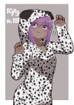  1girl animal_costume arm_up bangs blush claw_pose collarbone commentary_request dalmatian_print dark_skin dated dog_costume eyebrows_visible_through_hair fate/prototype fate/prototype:_fragments_of_blue_and_silver fate_(series) flying_sweatdrops grey_background hair_between_eyes hand_up hassan_of_serenity_(fate) highres i.u.y long_sleeves looking_at_viewer parted_lips purple_eyes purple_hair sleeves_past_wrists solo standing two-tone_background white_background 