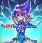  1girl bangs blonde_hair blue_eyes blue_leotard closed_mouth dark_magician_girl duel_monster floating_hair hair_between_eyes holding holding_staff leotard long_hair looking_at_viewer pink_capelet raijin-bh solo staff tears thunder v-shaped_eyebrows yu-gi-oh! yu-gi-oh!_duel_monsters 