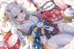  1girl :d ahoge arrow_(projectile) aruka_(alka_p1) azur_lane bangs bare_shoulders bell blue_bow blurry blurry_foreground bow commentary_request depth_of_field detached_sleeves dutch_angle ema eyebrows_visible_through_hair flower hair_between_eyes hair_ornament hamaya hibiki_(azur_lane) hibiki_(new_year&#039;s_little_imp)_(azur_lane) highres holding holding_arrow horns japanese_clothes jingle_bell kagami_mochi kimono long_hair long_sleeves looking_at_viewer new_year open_mouth petals red_eyes red_flower red_sleeves revision shuttlecock silver_hair sitting sleeveless sleeveless_kimono smile solo thighhighs very_long_hair wariza white_kimono white_legwear wide_sleeves 