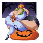  1:1 big_breasts bottomwear breasts cleavage clothed clothing crossed_legs dullahan duo female hi_res huge_breasts human human_on_humanoid humanoid interspecies jack-o&#039;-lantern mammal miniskirt nipple_outline not_furry skirt spiralingstaircase thick_thighs 
