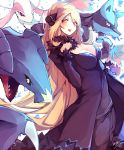  1girl absurdres bangs black_coat black_pants blonde_hair blush breasts cleavage coat commentary_request cynthia_(pokemon) eyelashes fur-trimmed_coat fur_trim garchomp gen_3_pokemon gen_4_pokemon hair_over_one_eye highres holding holding_poke_ball long_hair looking_to_the_side lucario milotic open_mouth pants poke_ball pokemon pokemon_(game) pokemon_dppt signature teeth tomocha_(tmc_tmc8) watermark yellow_eyes 