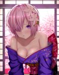 1girl absurdres breasts cleavage collarbone fate/grand_order fate_(series) flower hair_flower hair_ornament hair_over_one_eye happy_new_year highres huge_filesize indoors japanese_clothes kimono leaning_forward looking_at_viewer mash_kyrielight medium_breasts new_year off_shoulder pink_hair print_kimono purple_eyes purple_kimono shiny shiny_hair solo sou_skate714 white_flower 