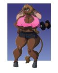 4:5 animal_humanoid big_breasts bovid bovid_humanoid bovine bovine_humanoid breasts cleavage clothed clothing dumbbell exercise female hand_on_hip hi_res huge_breasts humanoid mammal mammal_humanoid short solo spiralingstaircase weightlifting weights wide_hips workout 