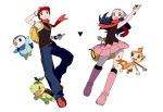  1boy 1girl arm_up beanie black_legwear boots chimchar commentary_request dawn_(pokemon) gen_4_pokemon hat highres knees lucas_(pokemon) pants pink_footwear piplup pokemon pokemon_(game) pokemon_dppt red_headwear red_scarf scarf shoes short_sleeves socks starter_pokemon_trio turtwig white_headwear zero_(jckz2334) 