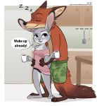  2020 absurd_res anthro border brown_body brown_fur buckteeth canid canine clothed clothing cup detailed_background dialogue dipstick_ears dipstick_tail disney duo english_text eyes_closed female fox fridge fur grey_body grey_fur hi_res holding_cup holding_object inner_ear_fluff inside judy_hopps kitchen lagomorph leg_markings leporid male mammal markings multicolored_ears multicolored_tail nick_wilde panties rabbit red_fox riska_(artist) shirt sleeping smile socks_(marking) sound_effects speech_bubble standing teeth text tired topless topwear tuft underwear url white_border zootopia zzz 