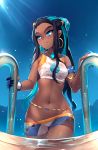  1girl armlet belly_chain bike_shorts black_hair blue_eyes blue_eyeshadow breasts commentary dark_skin day dynamax_band earrings eyeshadow gloves gym_leader hair_bun highres holding hoop_earrings jewelry long_hair looking_to_the_side makeup multicolored_hair navel necklace nessa_(pokemon) number pokemon pokemon_(game) pokemon_swsh pool_ladder ricegnat single_glove solo two-tone_hair wet 
